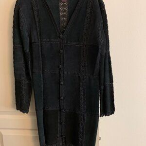IDI Leather Suede Size S Black Maxi Duster Style w/Crochet Long Sleeve Coat